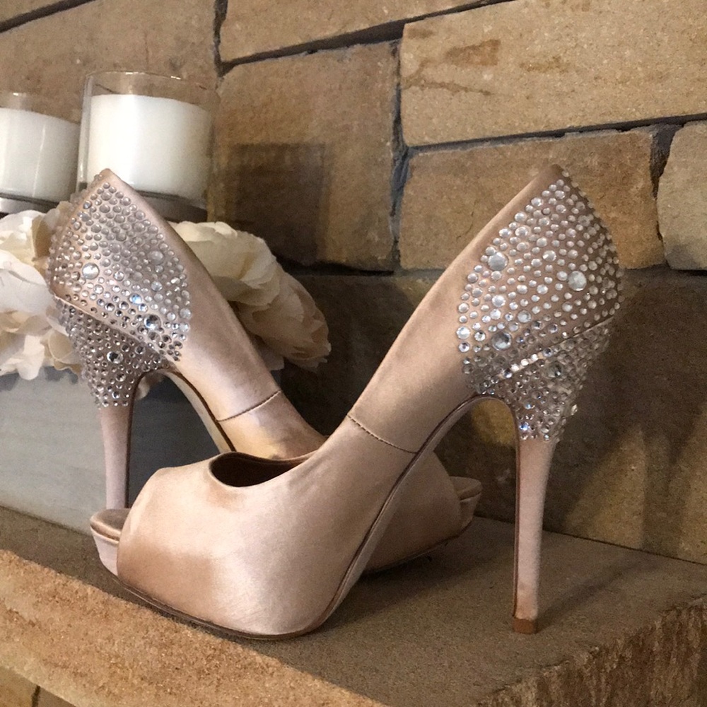 ALDO peep toe nude satin pump w/rhinestone details